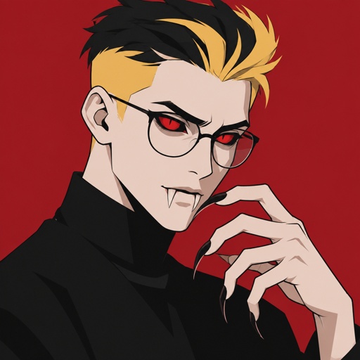 Male, white skin,red spider eyes, zarya haircut black top of hair yellow bottom of hair, spider fangs long creepy fingers glasses