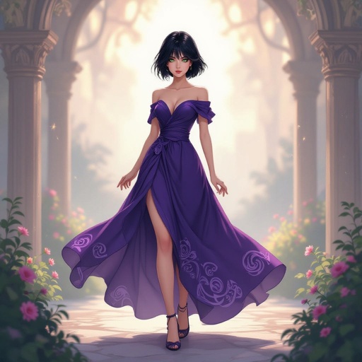 Short black hair. Jade green eyes. Purple fancy dress. 13 years old. Tomboyish. 