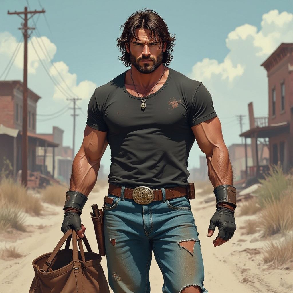 Male. 35 years old. A wrestler in the 1980’s. Cowboy boots peak out from underneath levy blue jeans. Brown belt. Black t-shirt. Brunette. Shoulder length, wavy hair. Short beard. Looks tough. Has lived a rough life. Hitchhiking. Drugs. Alcohol. Parties. Big and muscular.