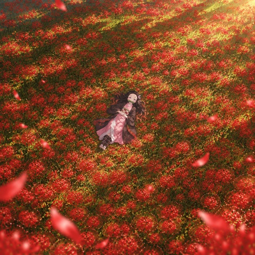 a woman sitting in a field of red flowers
