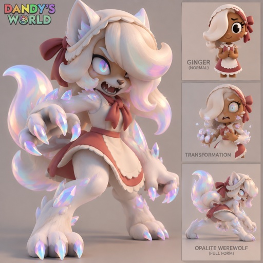 Ginger from dandy’s world turning into a opalite werewolf 