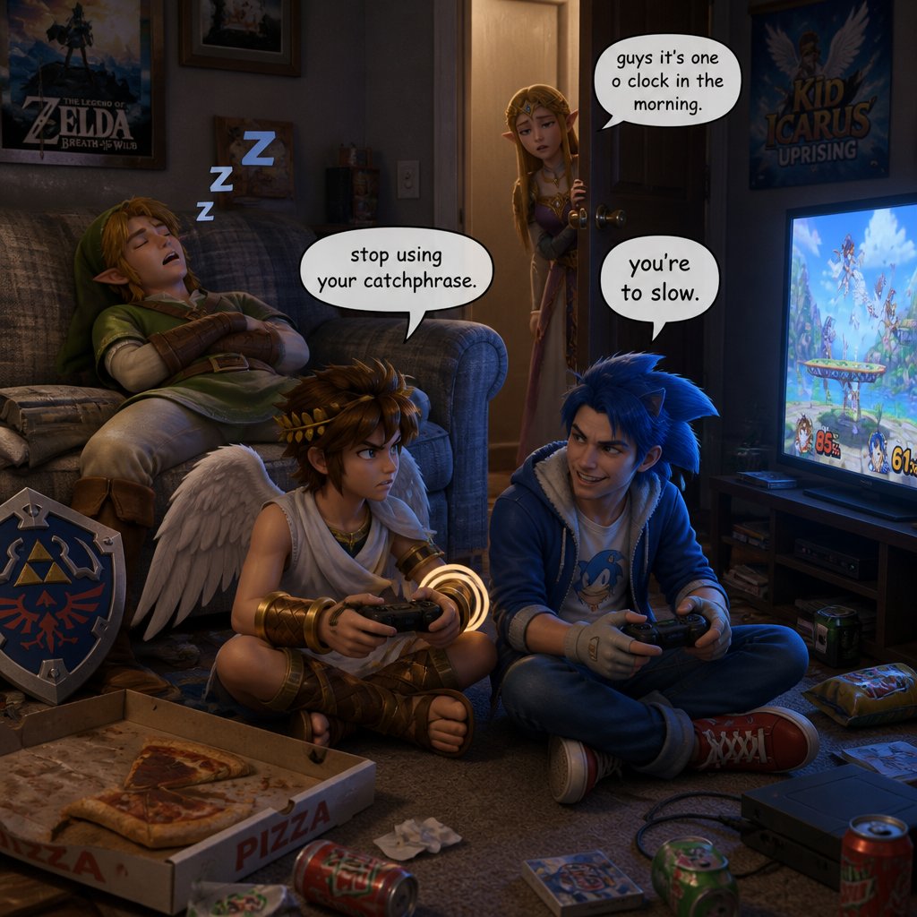 Super smash brothers link from legend of Zelda, pit from kid Icarus, and sonic the hedgehog as a human, there in a living room link is asleep passed out on the couch snoring , while pit and sonic are playing a video game on the floor, pizza on the floor in the box,Sonic saying “you’re to slow” pit says back “stop using your catchphrase” Zelda peeking through the door say “ guys it’s one o clock in the morning”