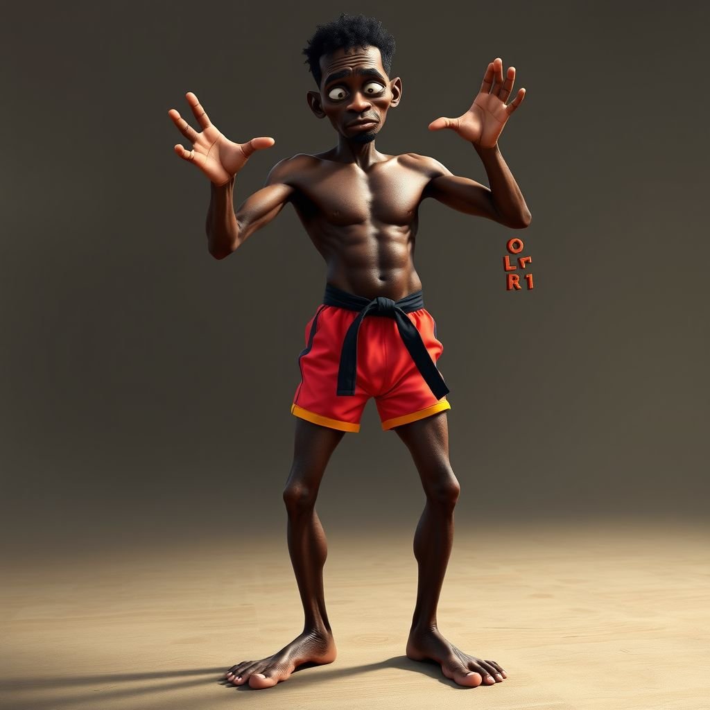 Create a character who looks like a funny African karate guy who doesn’t have a clue what he is doing. Make him have weird toes, only speedos on and a black karate belt. Make him tall skinny and slinky.