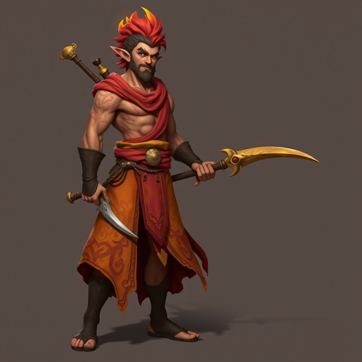 Create handsome hero  Rhen the Fire-Singer – A lean, muscular man. He wears layered, flowing desert robes dyed in warm reds and golds, with scorch marks where flames have licked them. A curved blade hangs at his hip.  Show her whole body head to toe including her shoes.