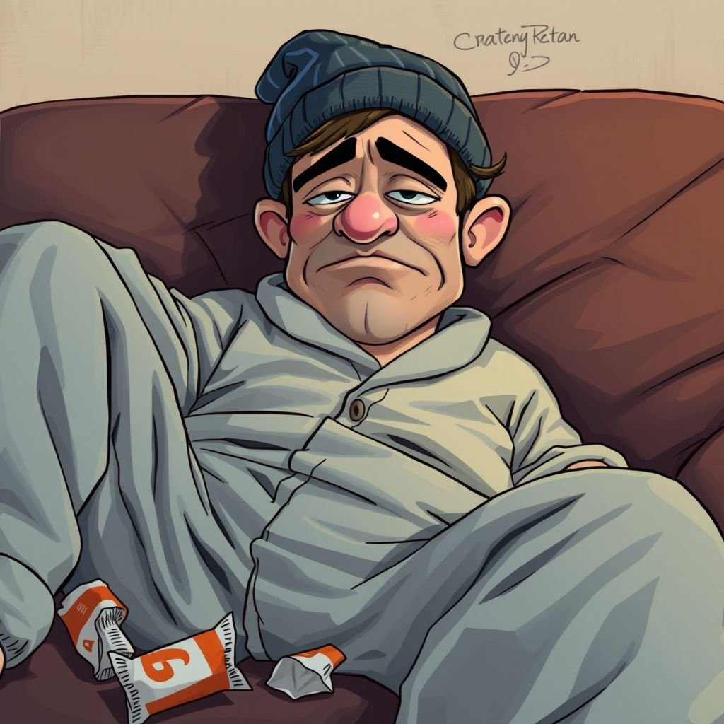 Create a character who is lazy as heck. And you could tell from his face and his entire outfit. Make is funny and the style of the graphic photographic