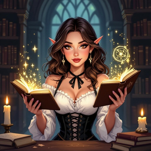 A semi-realistic, fantasy-parody portrait of Mythanna Junedae, the High Elf Wizard of Abjuration known as The Enigmatic Librarian.  Scene & Lighting Set within the Eight Mages Academy library — tall rune-lit shelves and drifting motes of golden dust. Warm candlelight mixes with cool magical glow from abjuration sigils swirling faintly around her. The tone balances academic gravitas with theatrical flair — tongue-in-cheek fantasy parody realism.  Appearance Mythanna stands in a confident, slightly playful pose, one hip cocked, surrounded by hovering spellbooks and glowing ward-circles. Her expression is both coy and calculating — the smile of someone who knows far more than she lets on. She has brunette wavy hair, luminous elven features, and expressive brown eyes that catch the light of the runes. Her ears are prominent and elegantly pointed. Her skin tone is soft fair ivory with a faint warm flush.  Iconic Outfit (Hard-Locked) • White blouse with puffed sleeves and a black ribbon bow at the collar. • Black rune-stitched corset worn over the blouse, fitted and elegant. • High-waisted black-and-white polka-dot skirt, ending mid-thigh. • Dark thigh-high stockings leaving a bare-thigh gap visible. • Shin-high rune-stitched boots, practical yet fashionable. • A small pearl pendant rests at her throat — her arcane focus. • Hat of Wizardry, decorated with tiny polka-dot runes and a faint magical shimmer, sits jauntily atop her hair.  Magic & Effects • Glowing golden abjuration sigils orbit around her hands and wrists. • Several floating tomes hover nearby, their pages turning of their own accord. • A soft halo of protective wards (circles and geometric lines of light) surrounds her body, subtly transparent. • Her Pearl of Power glows at her throat, pulsing in sync with the wards. • She holds her Wand of Magic Missiles, carved and polished, faintly glowing at the tip.  Composition Full-body portrait framed from head to shins, 2:3 aspect. Candle-warm foreground light with cool sigil back-glow. Parody-fantasy realism style — equal parts glamorous and arcane.