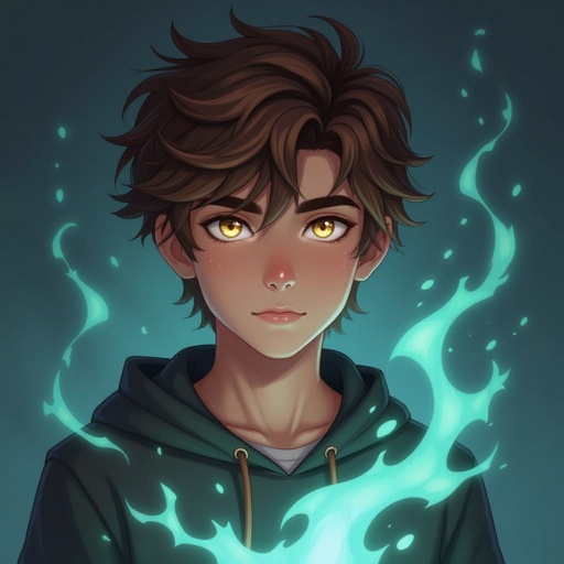 Teen boy brown hair with golden eyes and mysterious with mysterious powers