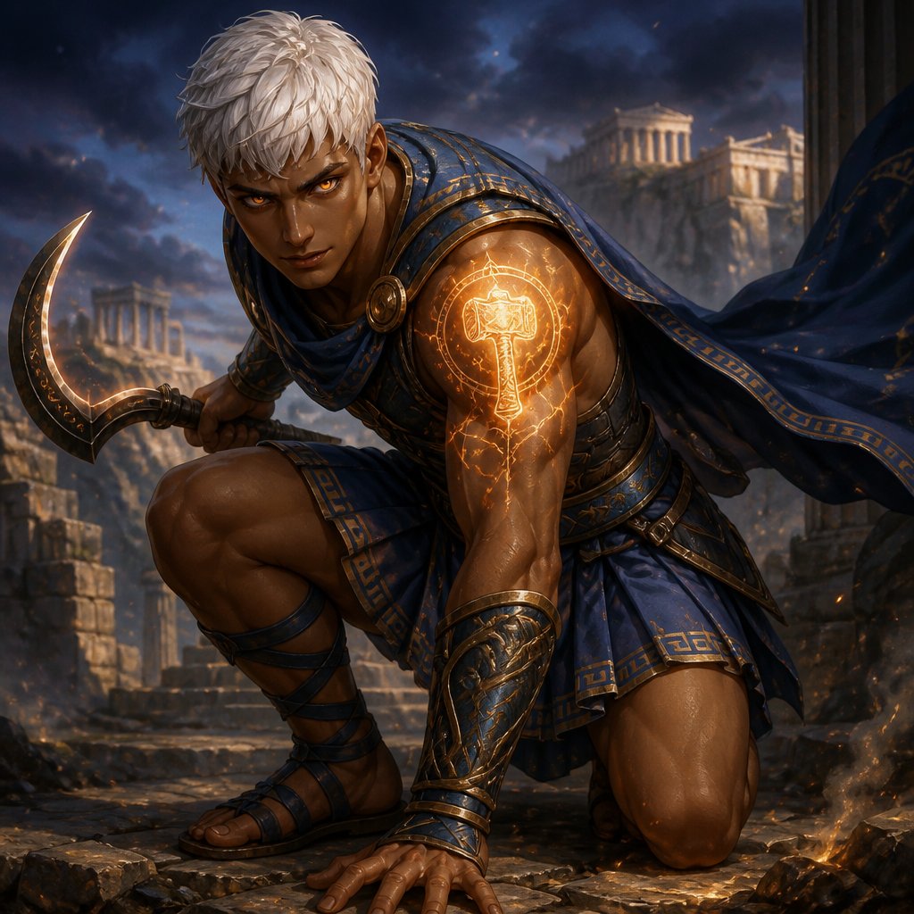 young tanned man with short white hair with orange iris wearing Greek style blue trench coat type of armor and a pair blue leather sandals wielding a sickle with glowing tattoo of hammer on his right shoulder