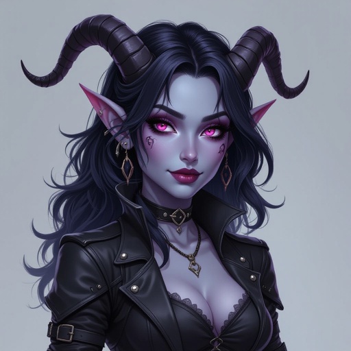 A gray purple tiefling with black wavy hair and black tiny horns on her head. She is 5”8 and 130 pounds. She has hot pink eyes and fangs. She wears a rogue type outfit with only black.
