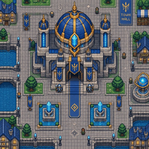 Towns hall for a futuristic fantasy city game, exterior, top down style