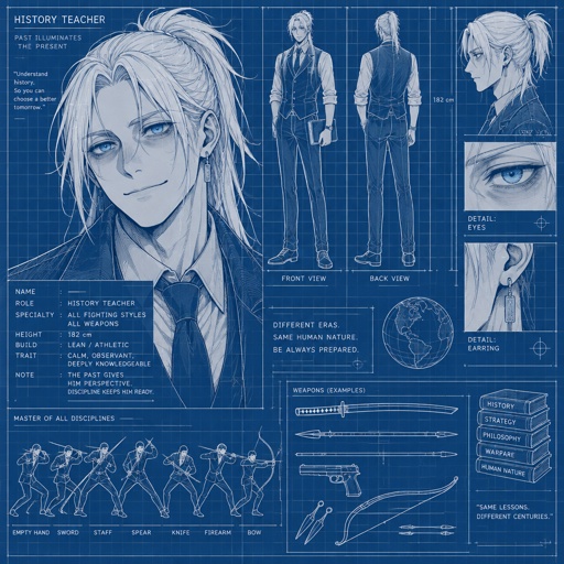 Anime style, male, highly skilled in fighting all fighting styles and weapons, bright blue eyes,white Japanese ponytail hair,white skin, dark under eye bags, teaches history,earring, soft smile, agency trying to locate him, history unknown