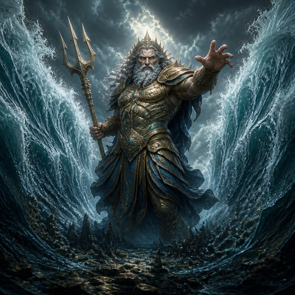 The Greek god Poseidon looking divinely angry between a parted sea exposing the sea floor under him threatening to crash the waves in on the hole