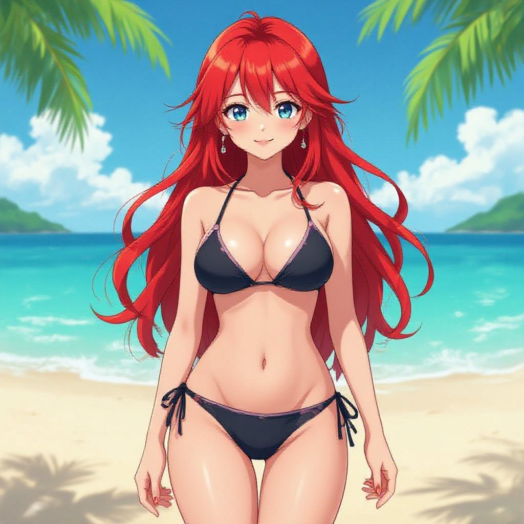 Bra, tight thong, red hair, full body, beach