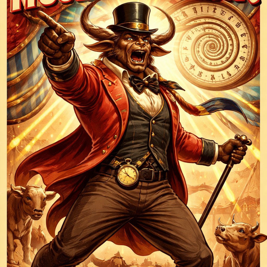 A male medium brown Minotaur with brown eyes that has a well~proportioned figure that works at freak show as the ringmaster. That has abilities of Reality Rejection, Time Manipulation (Chronokineses), Zoolingualism (Language of Cattle only), Human Speech. He’s basically a hybrid with his mother being a human with half-animal (Cretan bull) physiology and his father a Cretan Bull.