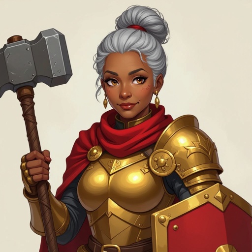 african american woman, knight, gold armor, red scarf, red tabard, gray hair, brown eyes, war hammer, shield, portrait, older woman, wrinkles, hair in a bun