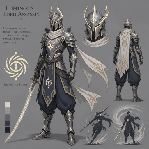 assassin, long curved sword, crested helmet, dark silver armor, luminous lord, baggy pants, eye of the storm mark