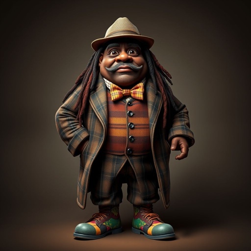 Create a funny fat character similar to Sherlock Holmes, but make him of black decent and with dread locks. Show his whole outfit including his shoes.