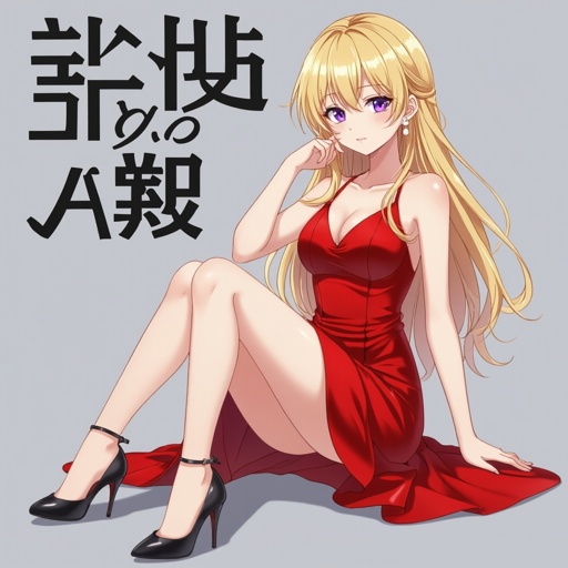 She has blonde hair and purple eyes and a red dress and black high heels and pearl earrings 