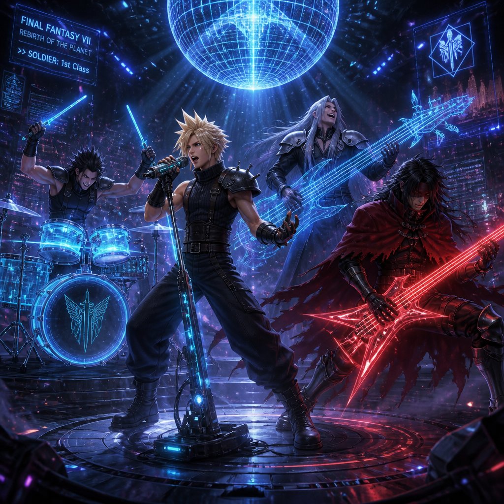 Cloud Zack Sephiroth and Vincent from ff7 cloud singing heavy metal and Zack aggressively playing drums Sephiroth aggressively playing base and laughing and Vince aggressively playing the guitar on a stage with a disco ball