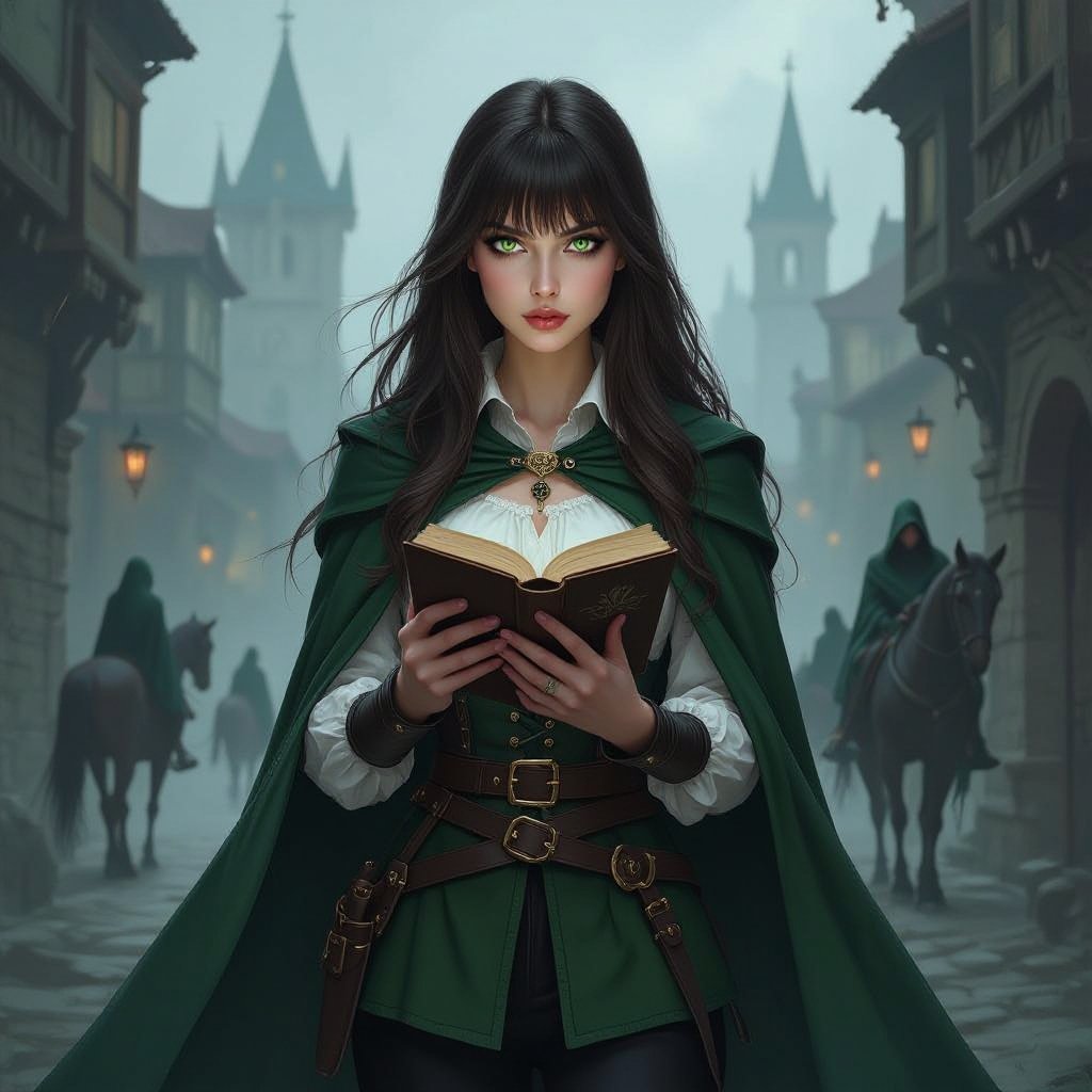 Młoda kobieta o długich brązowych włosach z grzywką i jasno zielonych oczach. Okrągła, pyzata twarz. Brak makijażu. Ubrana jest w białą koszule, na której ma lekką zbroje. Nosi lekką zbroje. Ma ubrane czarne spodnie a na nich zieloną spódnicę krótszą z przodu. Ma ciemnozieloną peleryne. Kobieta jest przyjazna. Ma delikatną urodę. Wąskie usta. Duże oczy. W tle widać miasto w stylu fantasy, konie, kupców. Jest dzień. Klimat fantasy, realistyczny. Odwrócona bokiem. Koszula jest zapięta. Postać stoi bokiem do ekranu. Patrzy w trzymaną przez siebie książke.