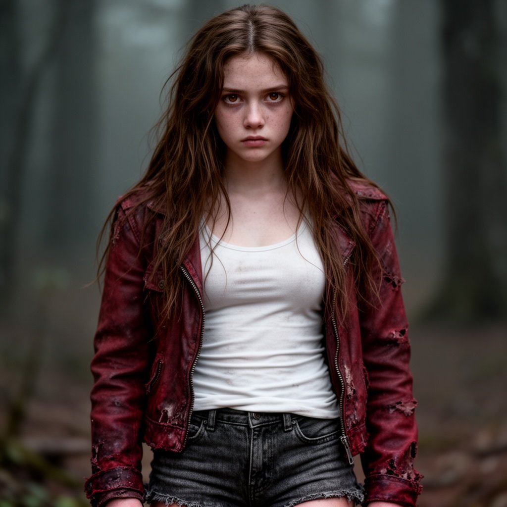 16 year old girl with long brown messy hair down, very brown eyes, pale skin, dark red beat up jacket, white fitted tank top and dark gray jean shorts. Determined look, looks like a half-blood