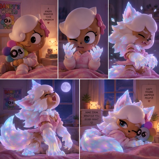 Ginger from dandy’s world in her room turning into a opalite werewolf 