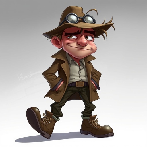 Create an adult character who is a goofy looking detective, who is confident. But funny looking and grouchy and looks tired . With cool shoes on.