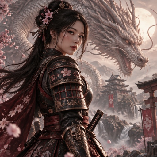 A gorgeous Asian Samurai named cherry blossom with real sexy samurai armor, a giant dragon in background 
