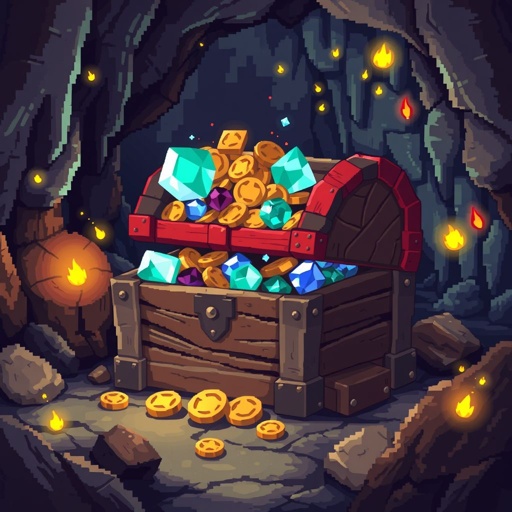 Wooden treasure chest with red banding sitting on cave floor