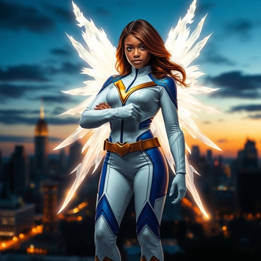 A teenage African American female superhero with brown hair with gold highlights in a shoulder length side part hairstyle with pure Gold Glowing eyes wearing a white suit with gold and royal blue with white pants and gold and white knee length boots with a utility belt with a gold V as her chest emblem with glowing wings made of white fire in Philadelphia