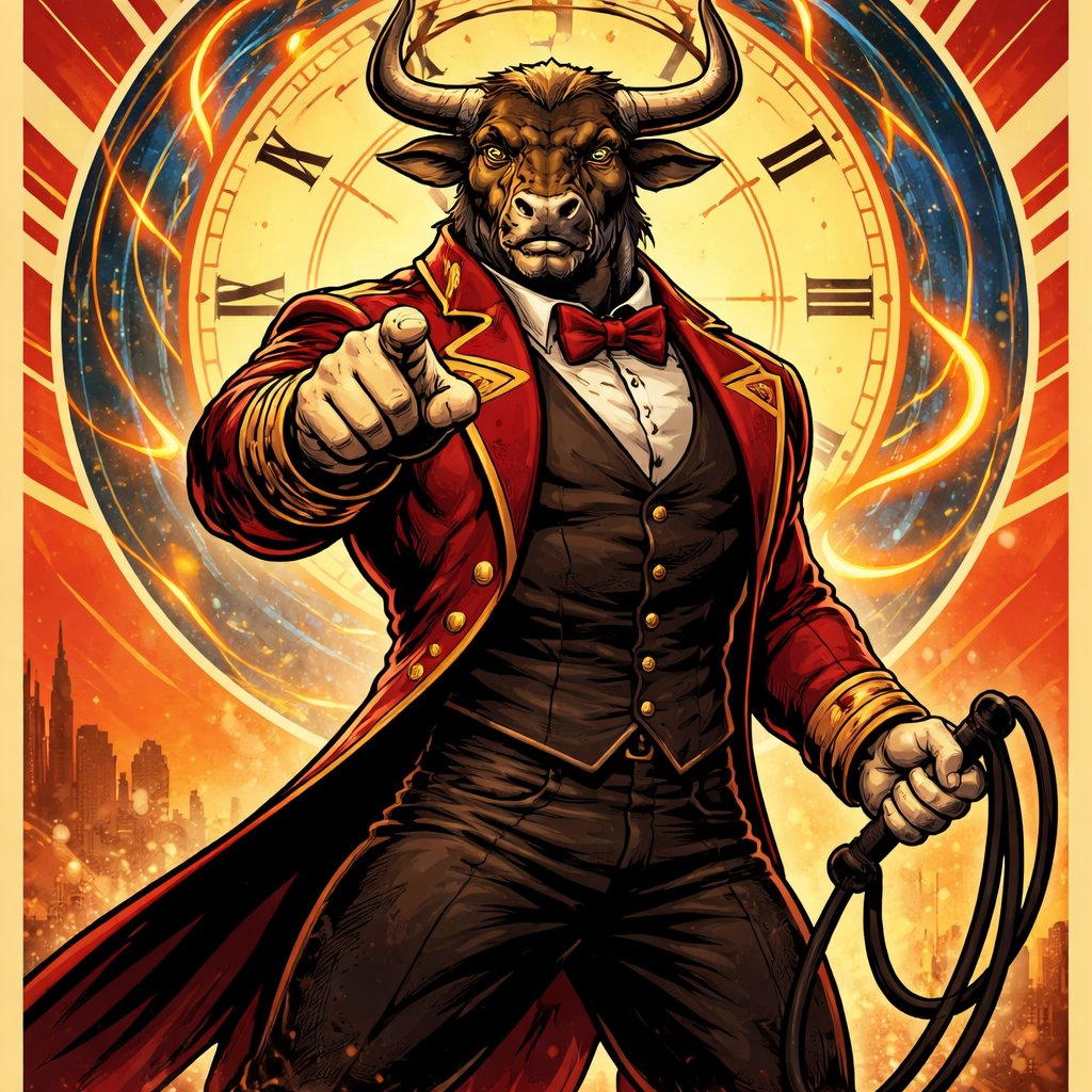 A male medium brown Minotaur with brown eyes that has a well~proportioned figure that works at freak show as the ringmaster. That has abilities of Reality Rejection, Time Manipulation (Chronokineses), Zoolingualism (Language of Cattle only), Human Speech. He’s basically a hybrid with his mother being a human with half-animal (Cretan bull) physiology and his father a Cretan Bull.