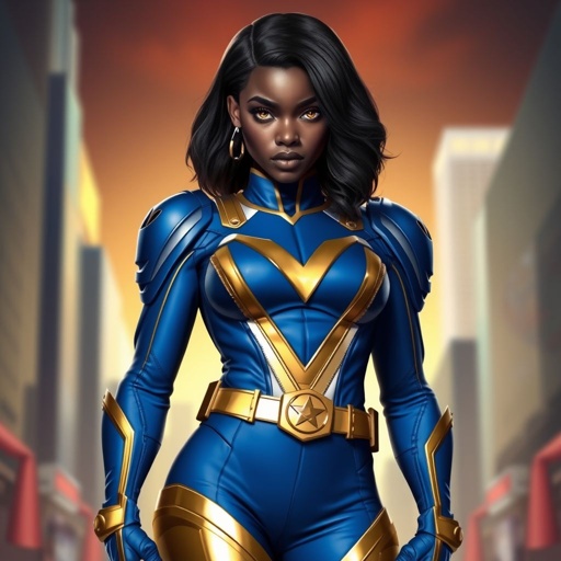 African American female superhero with hair  in a shoulder length side part hairstyle with pure Gold Glowing eyes wearing  slightly armored royal blue white and gold accented suit with royal blue pants and gold knee length boots with a utility belt with a gold V  as her chest emblem in Philadelphia 
