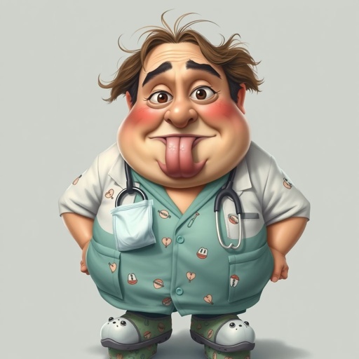 create a fat doctor. Who is funny human looking from head to toe. And he always immediately results to surgery for anything even small things. So please be sure to show his whole outfit head to toe. Make him have 1 tooth. Make it more adult humor instead of cartoon humor.
