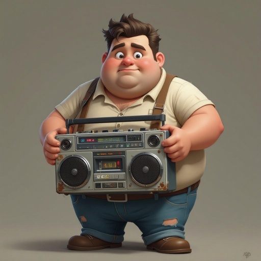 Create a funny fat guy who is has a book box radio 