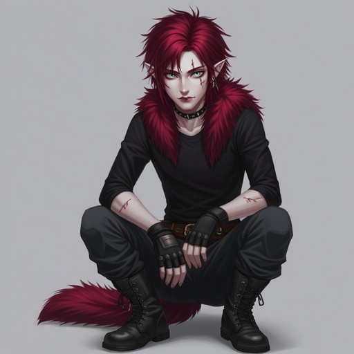 Full body Pale skin, grey eyes, sharp canines and molars, dark red fluffy hair, small scars over body. Wears skin tight long sleeves and baggy pants, metal boots and black leather fingerless gloves.