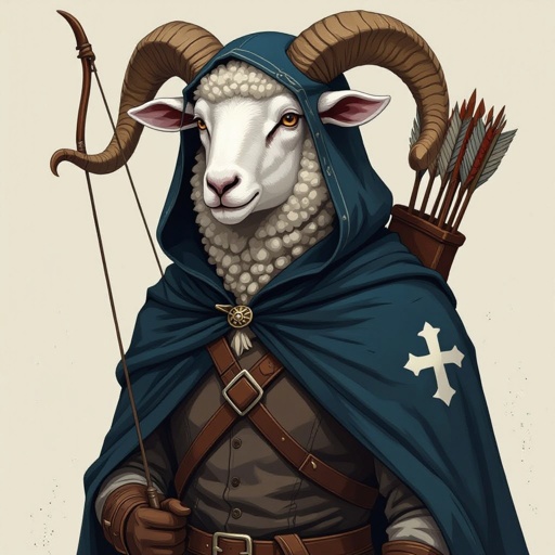 Sheep head on a human body. He carried a bow and a quiver of arrows slung behind his back. He wears a dark blue cloak and a hood. There is a white cross stitched onto the right side of his chest