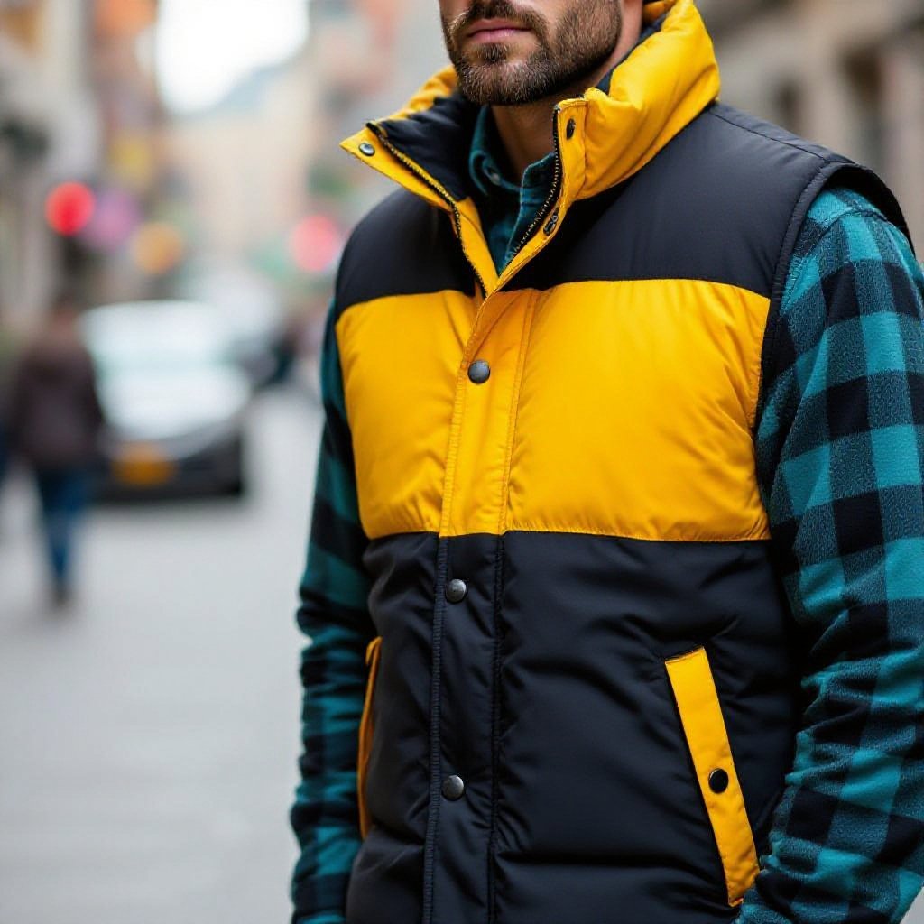 Man in yellow and black puffer Vest . A Teal Flannel underneath