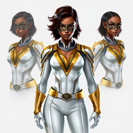 A teenage African American female with shoulder length curly hair  in a side part style superhero  wearing a MASK and a slightly armored white and gold suit with white pants and blue accents and a stylized V as her chest emblem a utility belt and gold boots