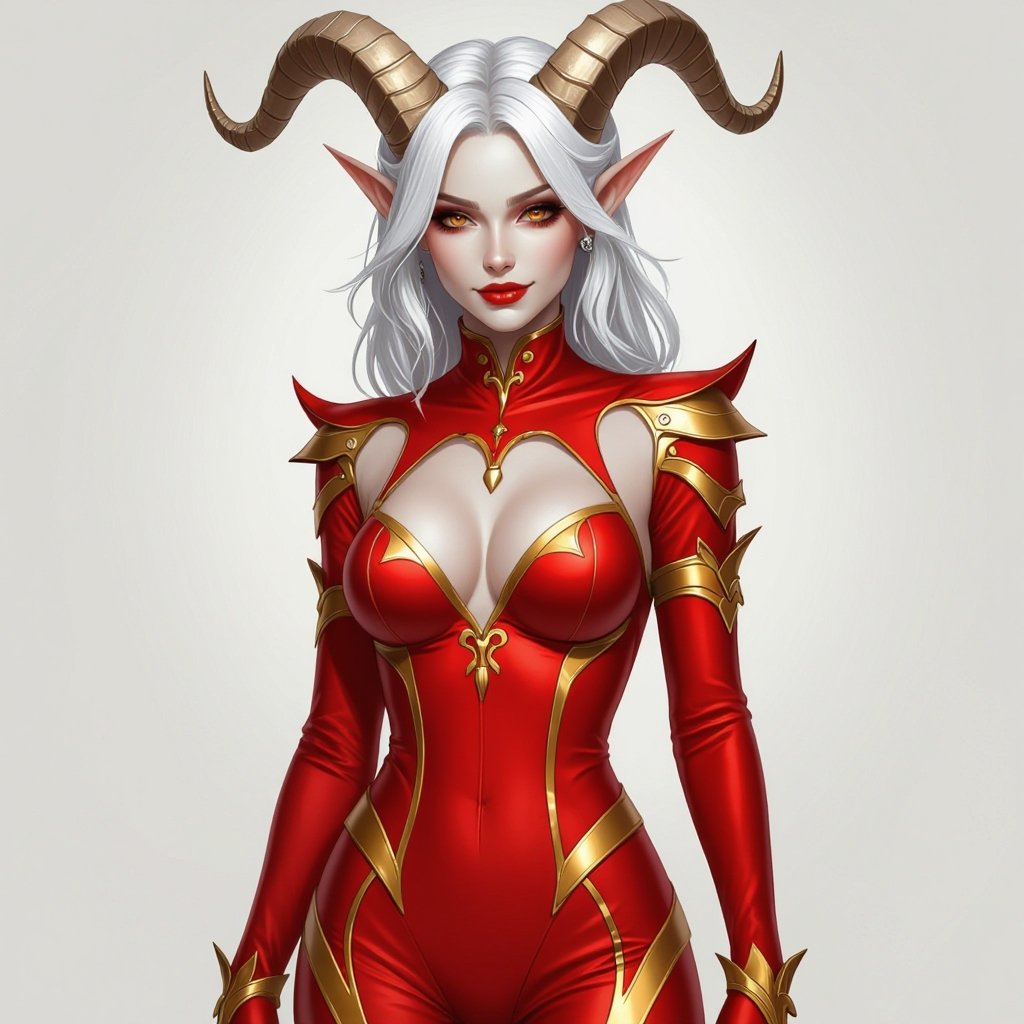 White Skinned Silver Haired Tiefling Jester in a Red and Gold skin tight jester bodysuit. She has light silver brown horns and it’s a full body render.