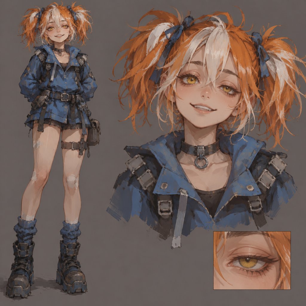 Female, smile, yellow eyes, orange and white messy pigtails, short, wears blue, one droopy eyelid,