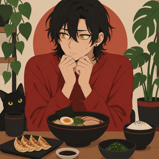 Male, neck length black hair, yellow eyes, eyeliner, wears red, loves food and plants, small mouth, nervous