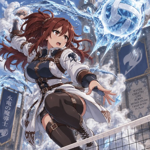 a femail water dragon slayer with brown redishish hair likes volleyball and can freeze water and make it into steam with her showing of her powers 

more clothes and make her look like she is using her power to make a ice volleyball that she is spiking (based on Fairy Tail)