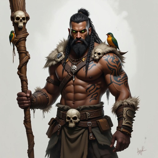Kael the Beastbound – A rugged, broad-shouldered man with black skin and a rough beard, wearing armor made from bone and leather. deep green eyes tattoos of animal tracks spiral down his arms. He carries a massive wooden staff carved with the shapes of beasts, and small creatures often perch on his shoulders or follow at his feet.