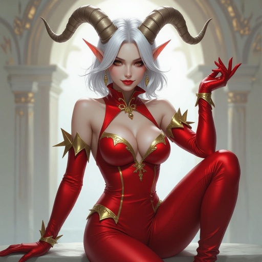 Bleach White Skinned Silver Haired Tiefling Jester in a Red and Gold skin tight jester bodysuit. She has light silver brown horns and it’s a full body render. Alluring pose