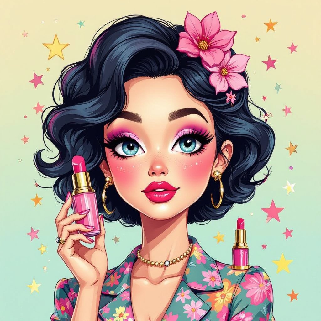 Create a business owner character showing there whole body head to toe, a lady who loves beauty products  