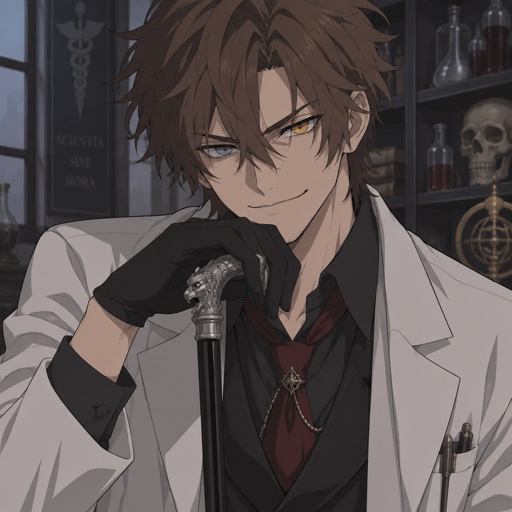 Male,young scientists,lots of bushy messy brown hair part sticking up on the sides is also drooping down in the middle of his forehead linger strands of hair over his ears,  heterochromia eyes,facial shad,evil smirk,has a cane