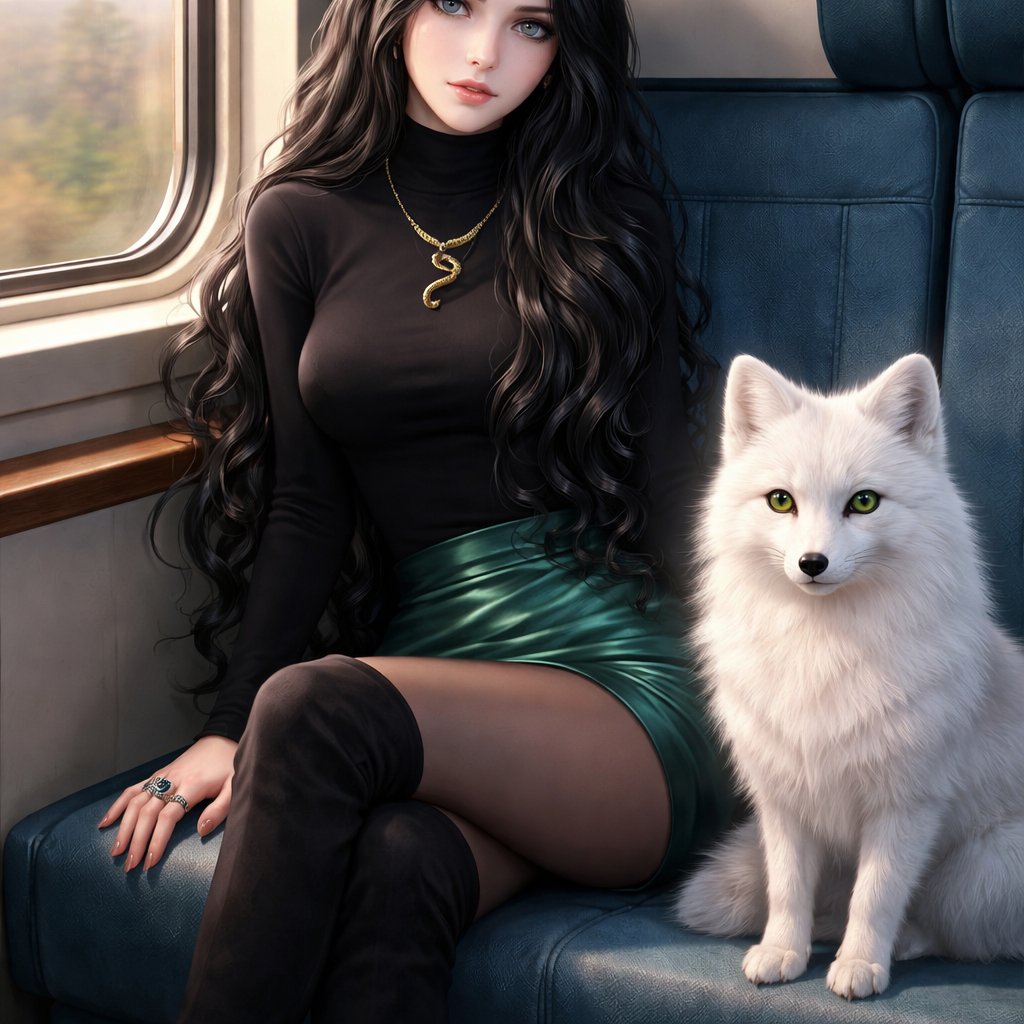 Sitting in a train compartment. A teenager girl sitting with long black hair and grey eyes. Her hair is set in soft waves resting just above her but. Her eyes are storm grey. She is wearing a black long sleeve turtleneck and a satin Green skirt that ends mid thigh. black tights and black thigh high boots. She has a small golden necklace of a snake and a silver ring with a b on the top to the left of the b is a black diamond and to the right is an emerald. She has an arctic fox next her with bright green eyes. She has fare skin and she has emerald stud earrings in both ears you can see her full body and she is wearing a small crown at the top of her head it was black with green accents