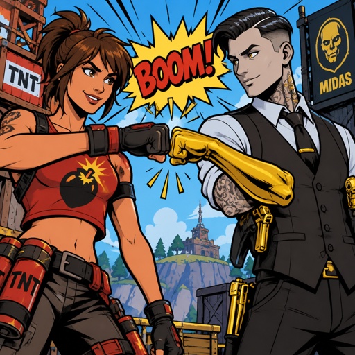 TNTina from Fortnite brown hair and Midas from Fortnite doing a fist bump 