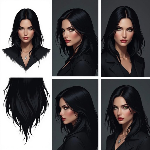 Show character head to toe. Create a mid age fantasy woman jet-black hair is cut sharpand her eyes seem to pierce through darkness. A shadowy aura clings to her form,