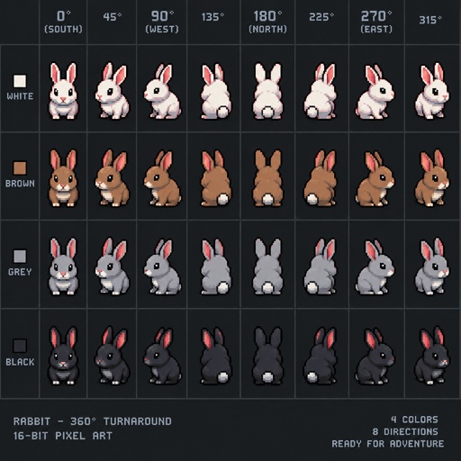 Rabbit for a fantasy game set in modern times, top-down style, 360, different colors